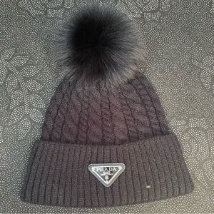 Prada Black Knit Beanie with Pom Pom